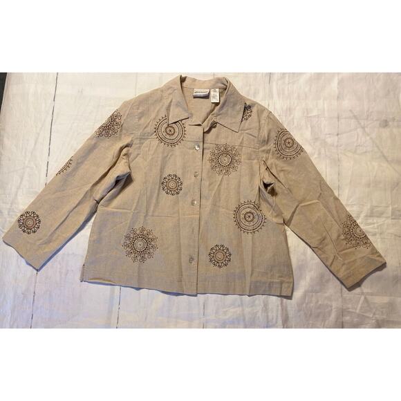 Alfred Dunner Linen Button Down Jacket Embroidered Tan Women’s 16P Grannycore - Picture 1 of 7